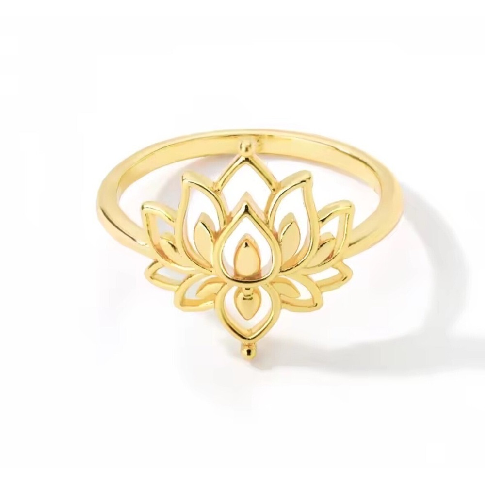 18k Over Silver Lotus Flower Ring Gold  Statement Ring Boho Minimal size 7